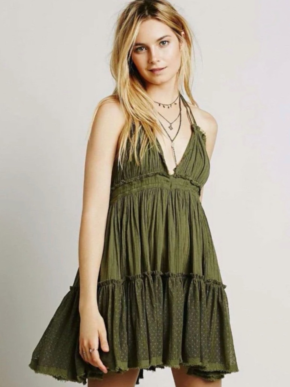 Free People Size Large Olive Green Halter Mini Dress Boho Hippie Cotton V Neck - Picture 2 of 16